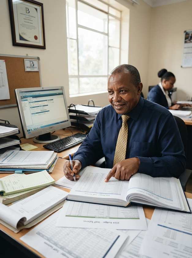 BENGIGGS accountant reviewing a school ledger and IPSAS financial reports at desk