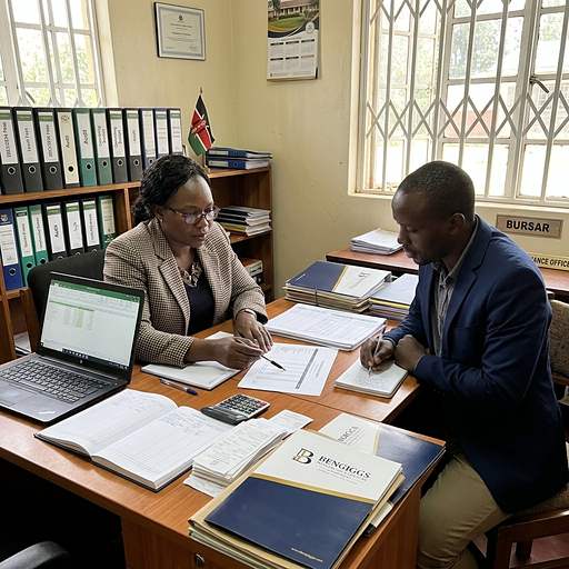 BENGIGGS advisor reviewing a school ledger with a calculator in a bursar office