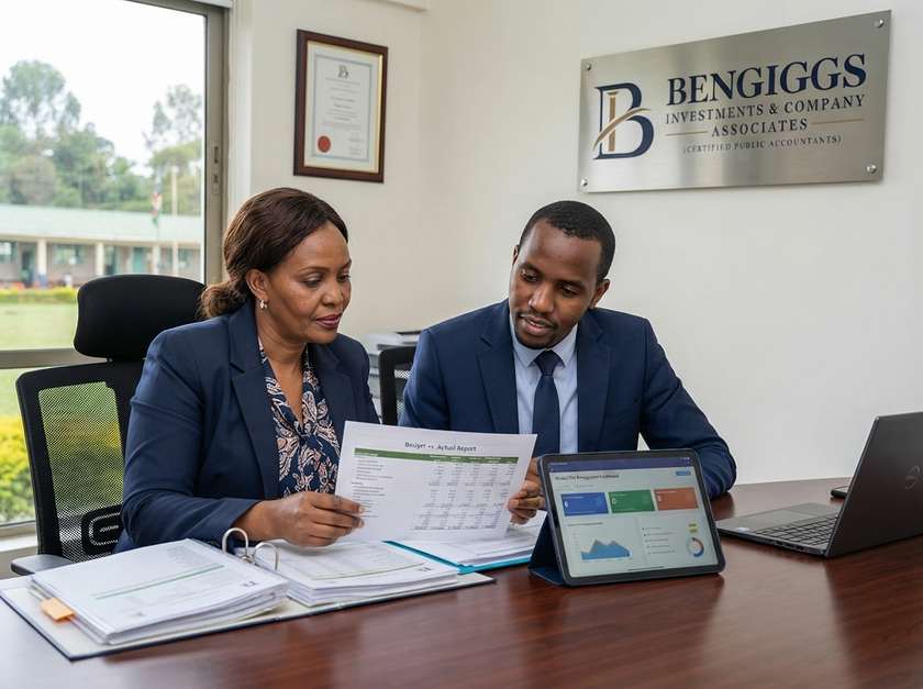 BENGIGGS office with budget-versus-actual report displayed on a tablet