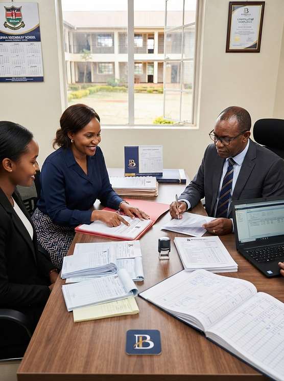 School finance officer reviewing tax compliance documents with a BENGIGGS advisor